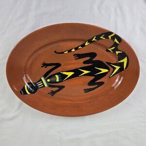 Ceramic Hand Painted Terracotta Colored Platter with Black Yellow Striped Gecko